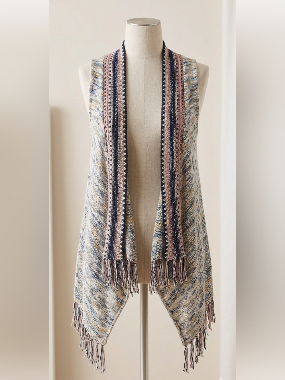 Boho Acrylic Knit Fringe Multicolor Vest - Crochet Back - Retro Sz XL